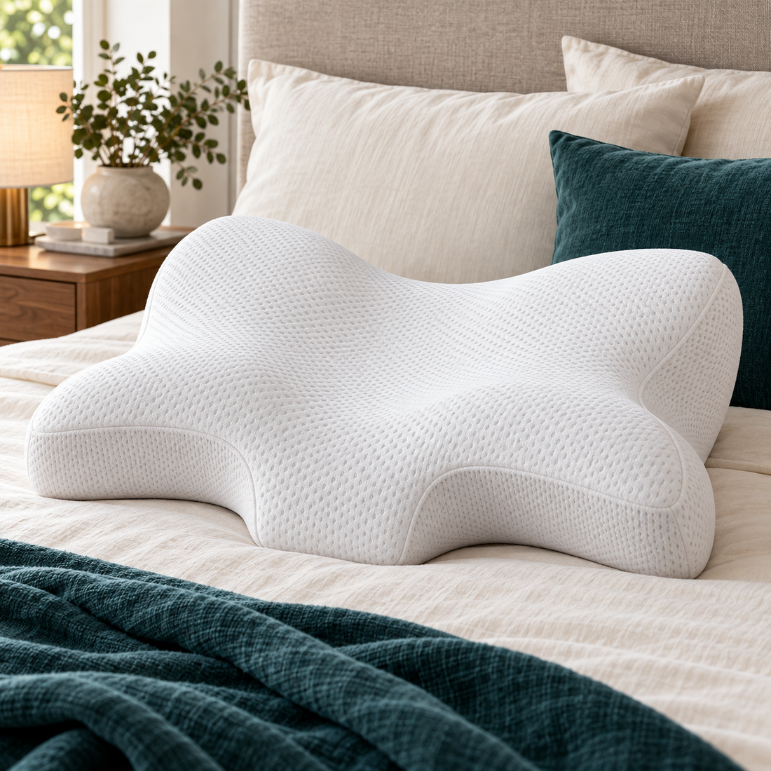 Contoured cervical support pillow in a calm bedroom