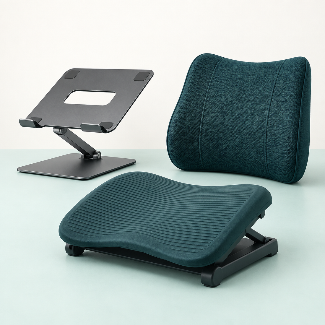 Laptop stand, foot support and cushion for a flexible workspace