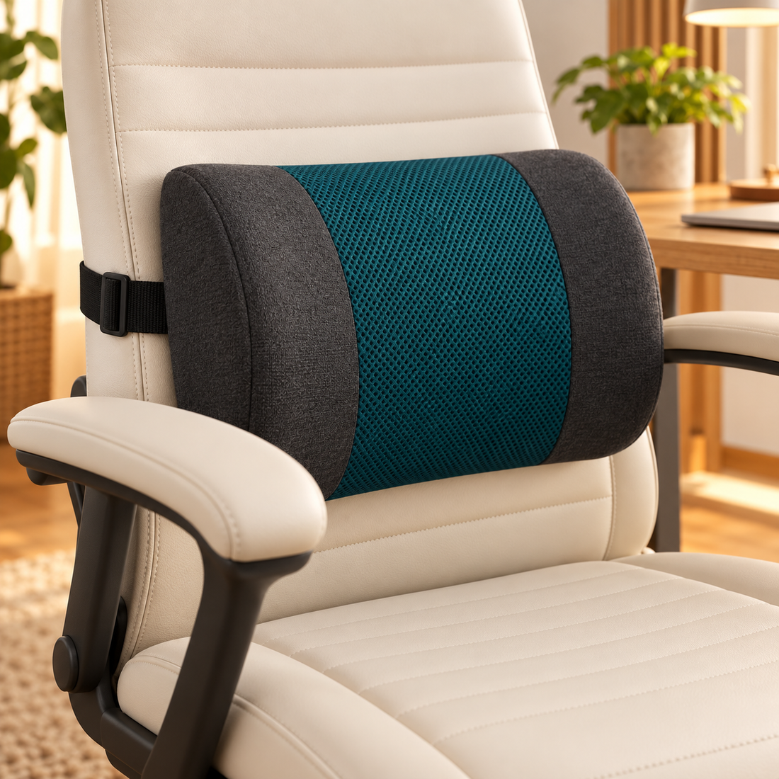 Lumbar support cushion positioned on an office chair