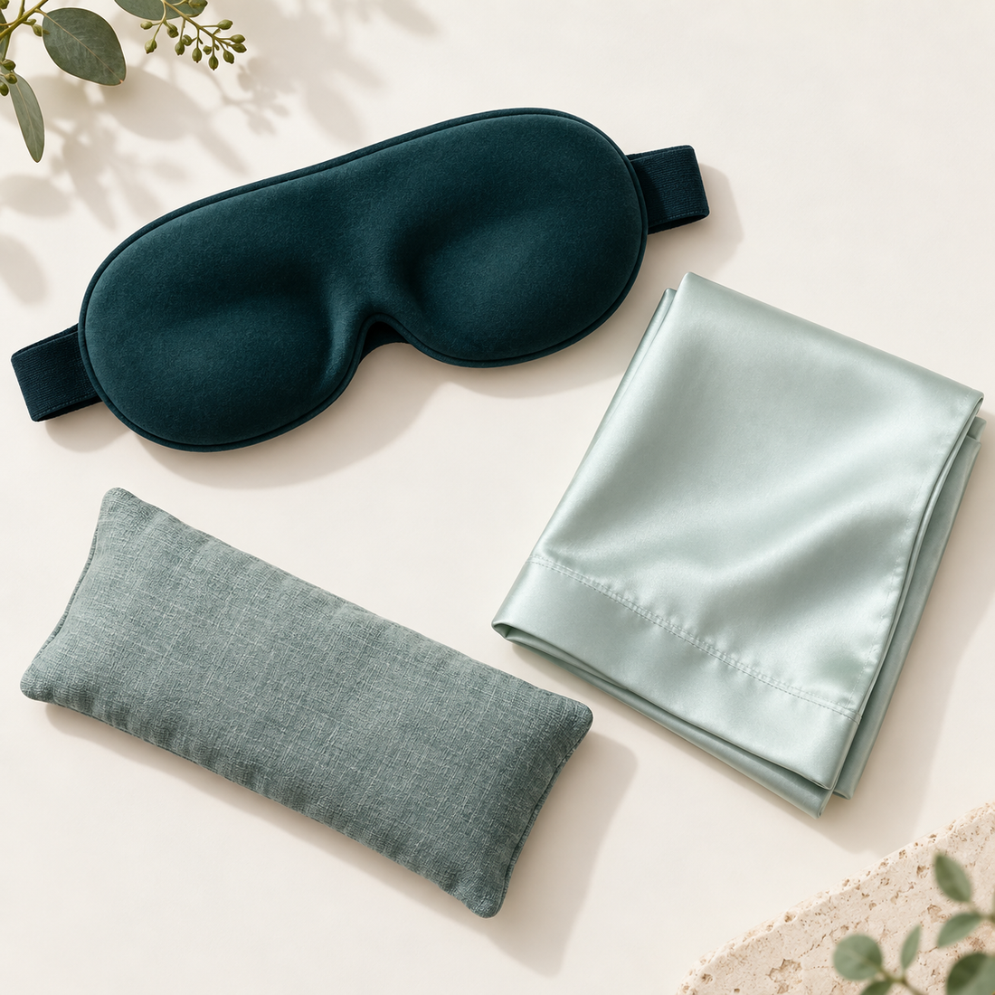 Contoured sleep mask and wind-down accessories