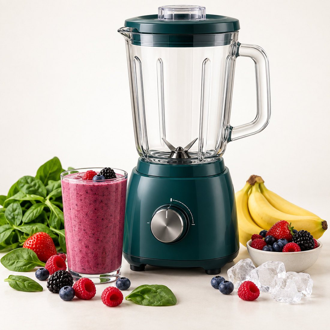 Premium smoothie blender with green smoothie ingredients