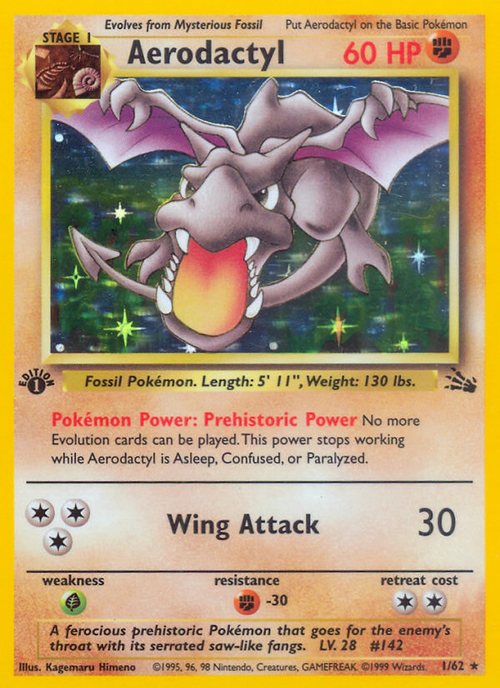 Aerodactyl 1/62 – Fossil – Rare Holo – Unlimited – English — reference card artwork via PokeFiles; not an actual item photograph