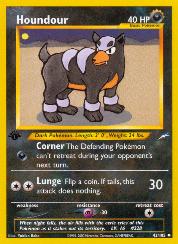 Houndour 43/105 · Neo Destiny · Unlimited — reference card artwork via PokeFiles; not an actual item photograph