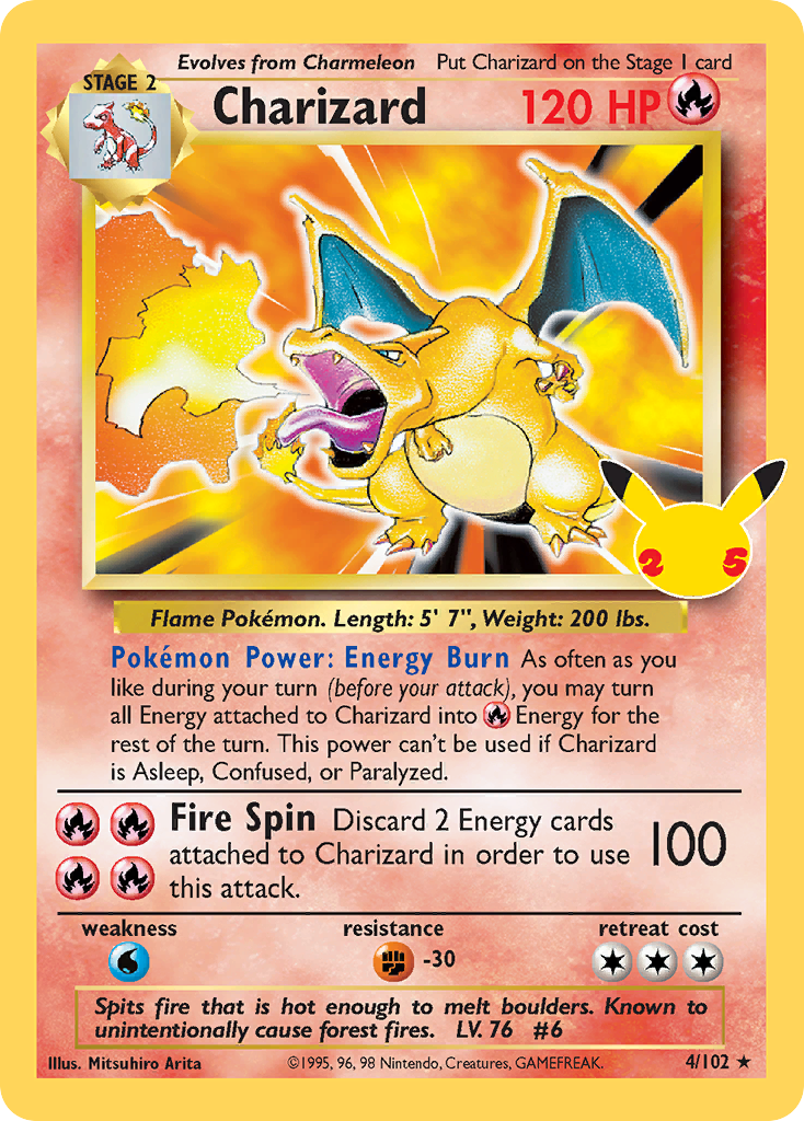 Charizard 4/102 – Celebrations Classic Collection – 25th Anniversary Holo – English — reference card artwork via PokeFiles; not an actual item photograph