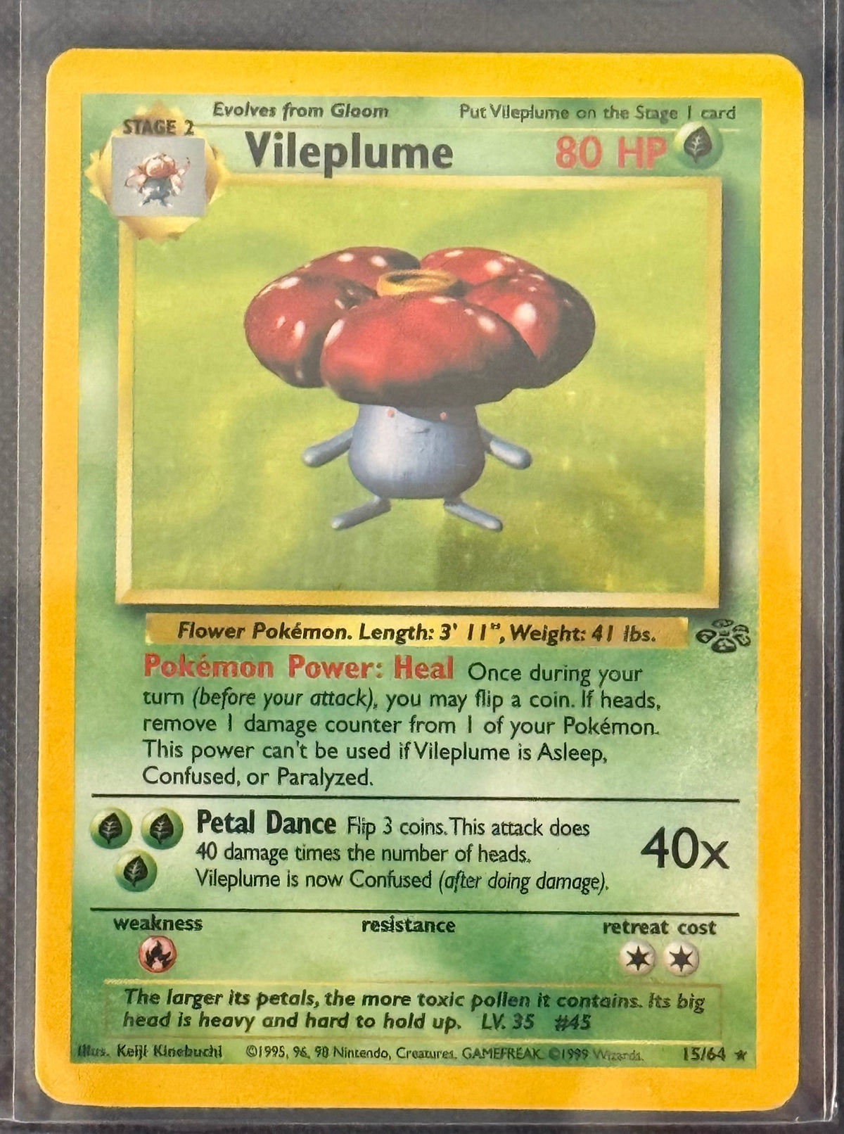 Actual english Pokémon cards — Nidoqueen 7/64, Mr. Mime 6/64, Vileplume 15/64, Vaporeon 12/64, Kangaskhan 5/64 — bundle photograph