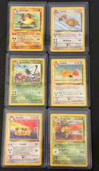 Actual english Pokémon cards — Primeape 43/64, Fearow 36/64, Butterfree 33/64, Dodrio 34/64, Persian 42/64, Exeggutor 35/64 — bundle photograph