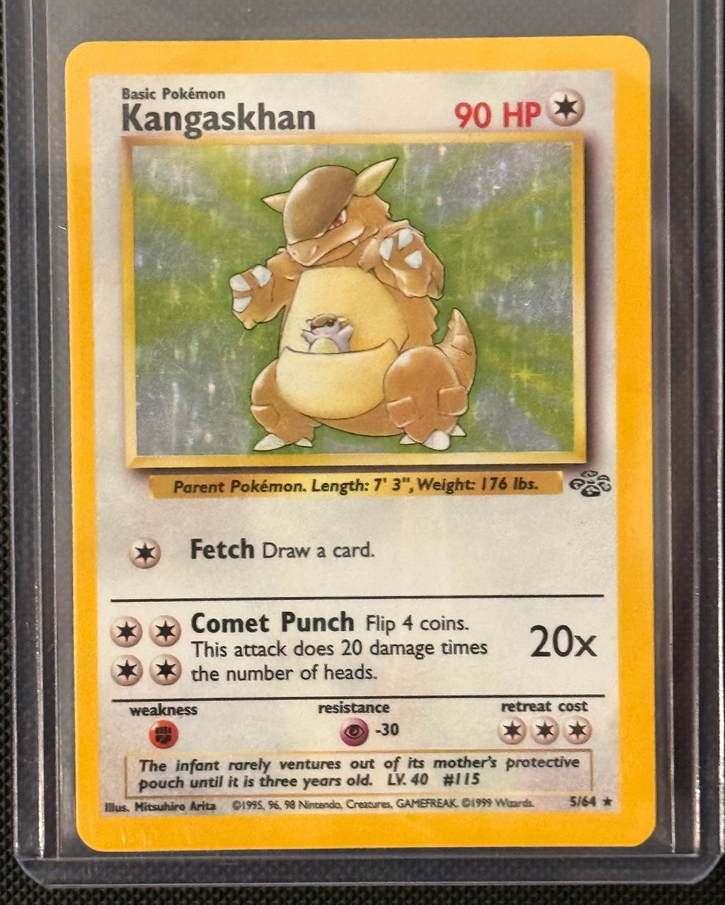 Actual english Pokémon cards — Nidoqueen 7/64, Mr. Mime 6/64, Vileplume 15/64, Vaporeon 12/64, Kangaskhan 5/64 — bundle photograph