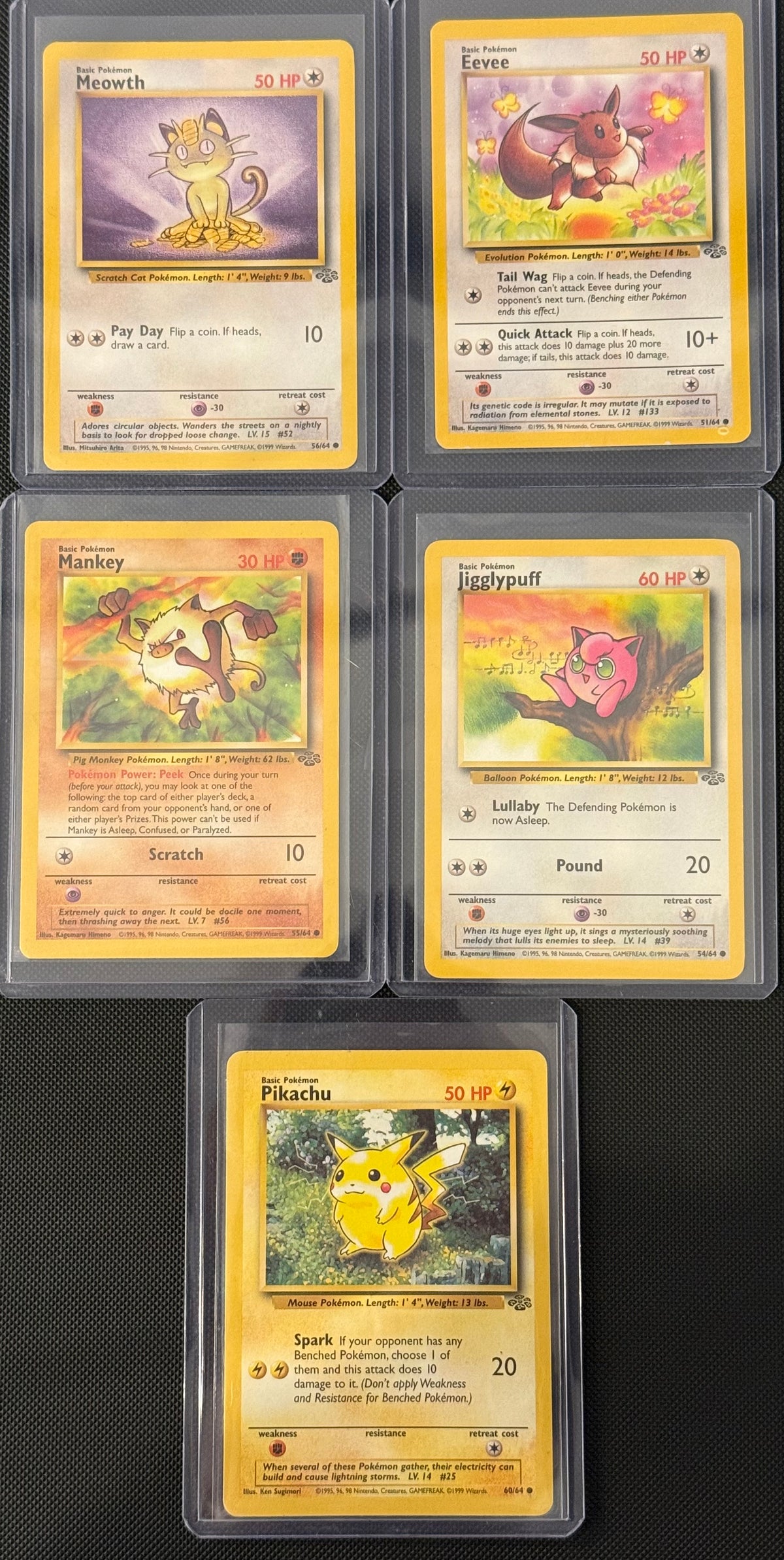 Actual english Pokémon cards — Pikachu 60/64, Eevee 51/64, Meowth 56/64, Mankey 55/64, Jigglypuff 54/64 — bundle photograph