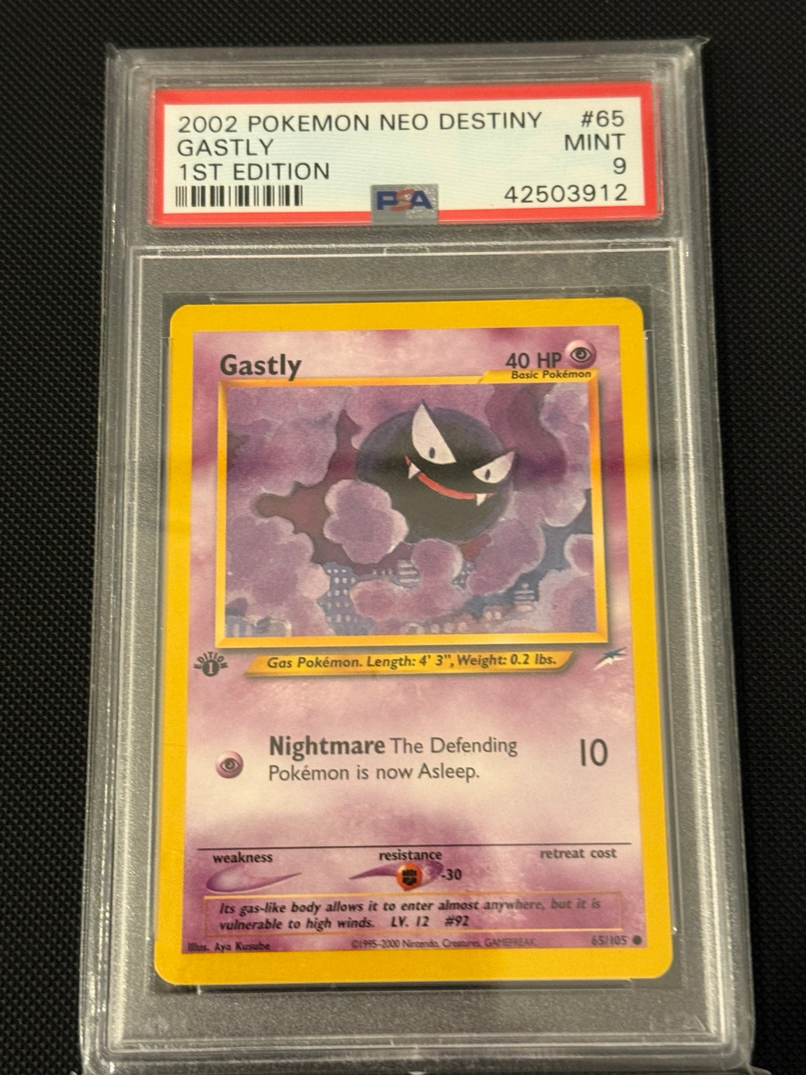 Gastly 65/105 Neo Destiny 1st Edition PSA 9, certificate 42503912 — front