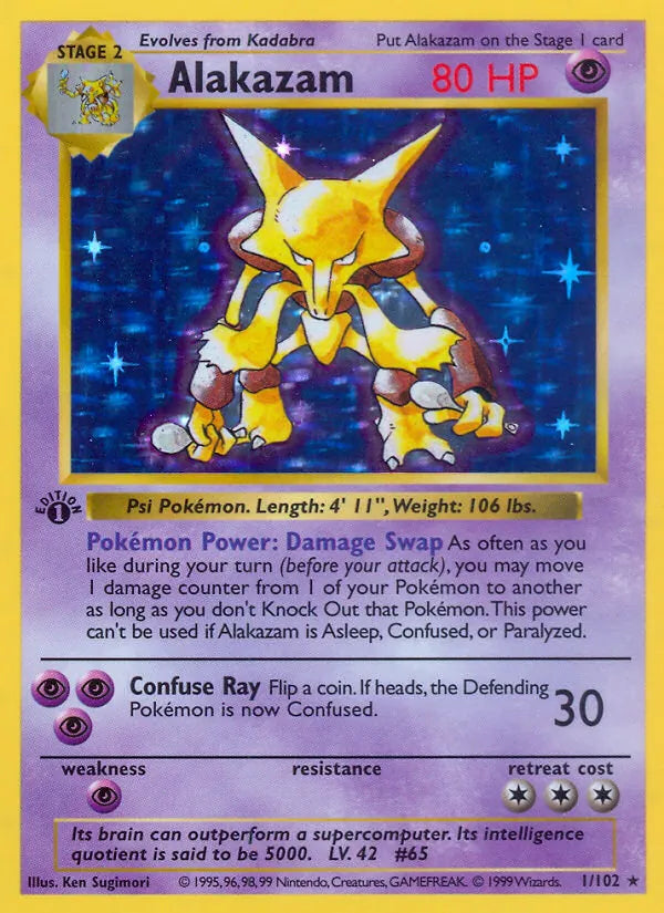 Alakazam 1/102 – Base Set – Rare Holo – Unlimited – English — reference card artwork; not an actual-card condition photograph.