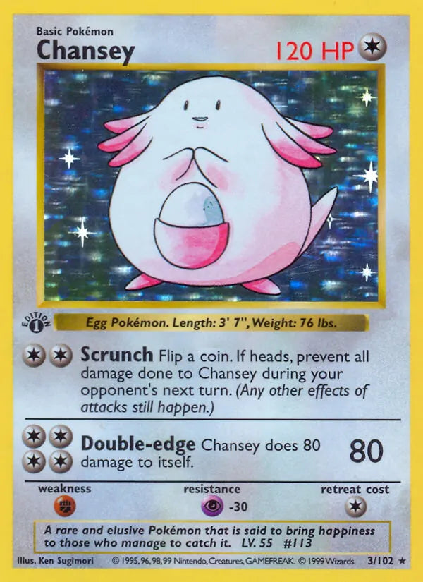 Chansey 3/102 – Base Set – Rare Holo – Unlimited – English — reference card artwork; not an actual-card condition photograph.