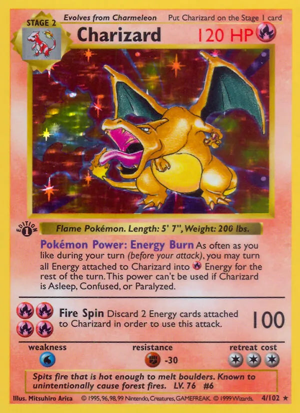 Charizard 4/102 – Base Set – Rare Holo – Unlimited – English — reference card artwork; not an actual-card condition photograph.