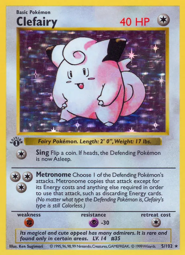 Clefairy 5/102 – Base Set – Rare Holo – Unlimited – English — reference card artwork; not an actual-card condition photograph.