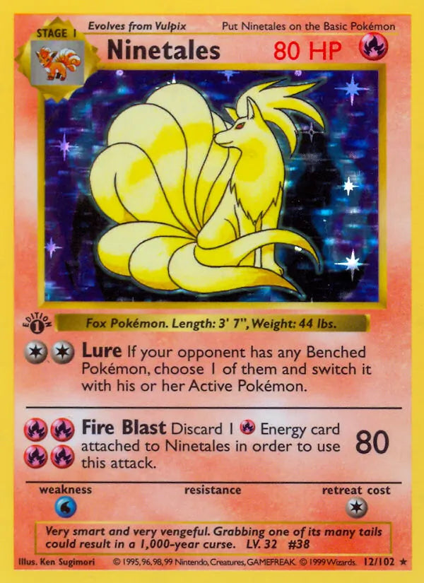 Ninetales 12/102 – Base Set – Rare Holo – Unlimited – English — reference card artwork; not an actual-card condition photograph.