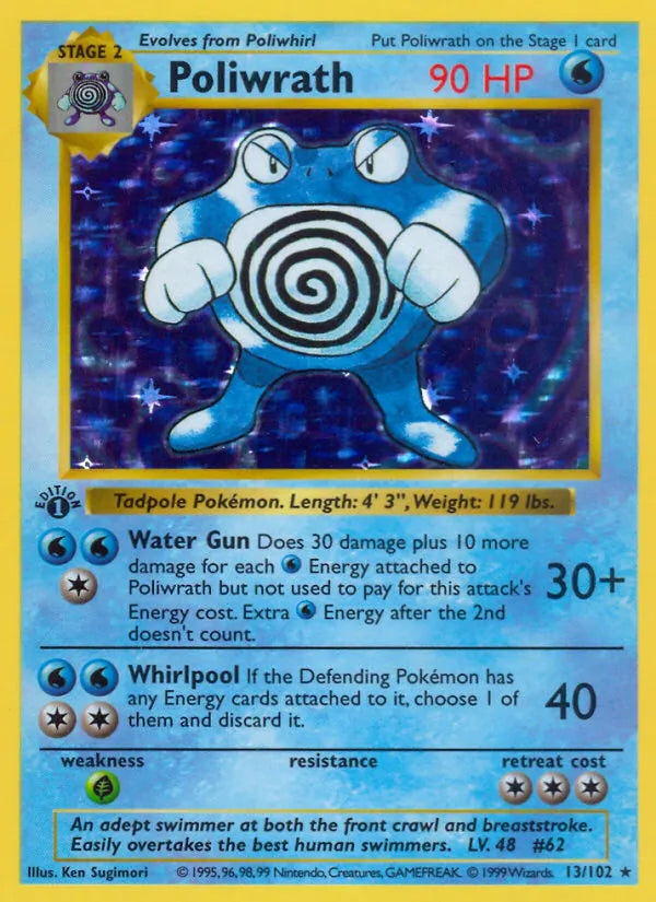 Poliwrath 13/102 – Base Set – Rare Holo – Unlimited – English — reference card artwork; not an actual-card condition photograph.