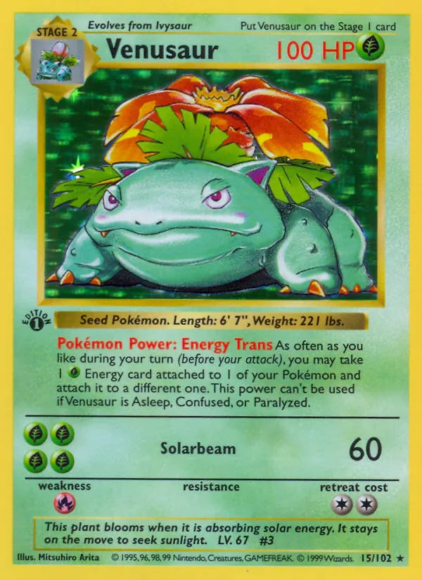Venusaur 15/102 – Base Set – Rare Holo – Unlimited – English — reference card artwork; not an actual-card condition photograph.