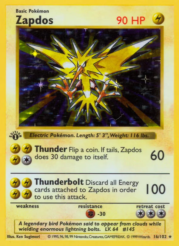 Zapdos 16/102 – Base Set – Rare Holo – Unlimited – English — reference card artwork; not an actual-card condition photograph.
