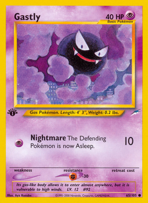 Gastly 65/105 Neo Destiny 1st Edition — reference artwork, not the actual card; see gallery for slab photographs where available